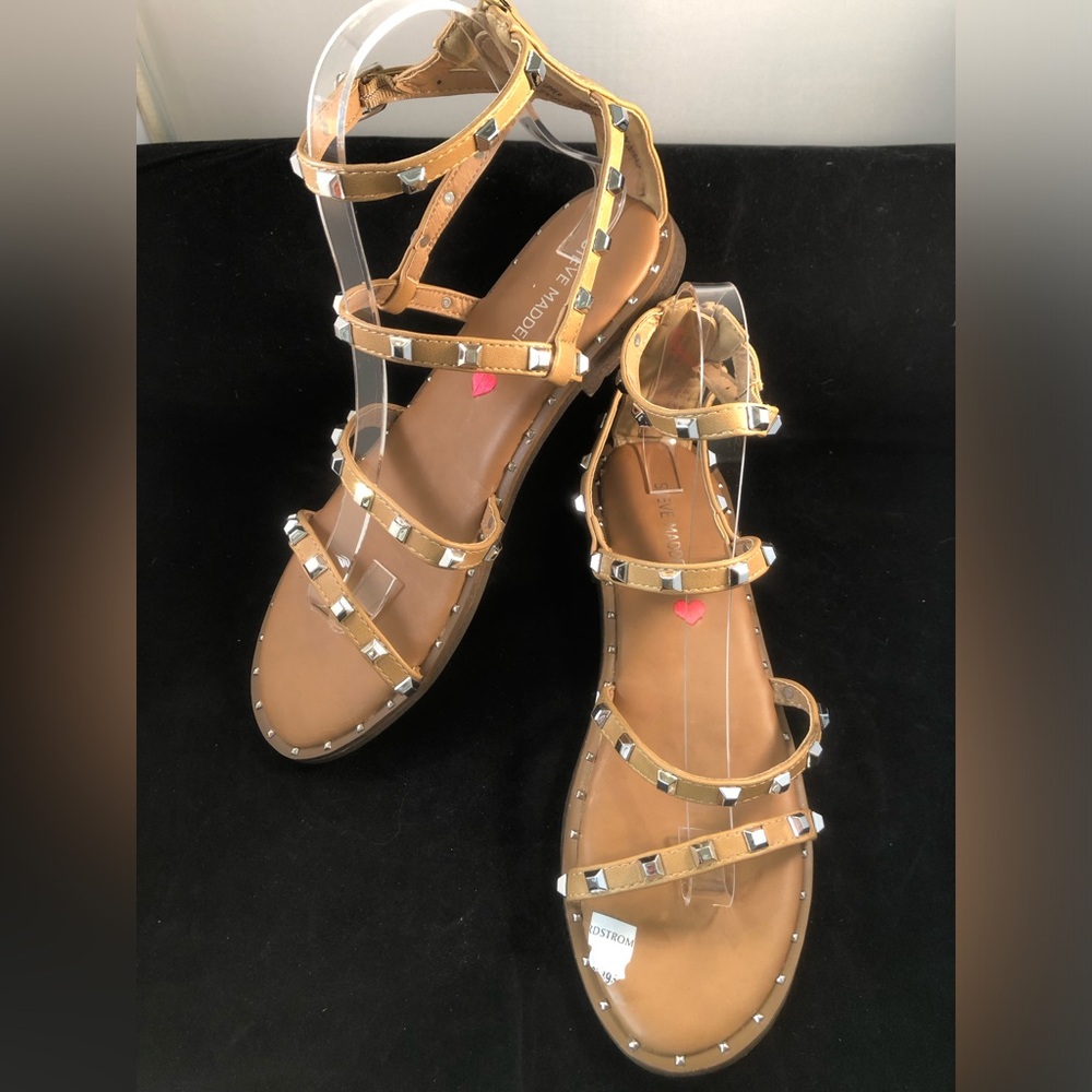 Studded Strappy Flat Sandals - Tan